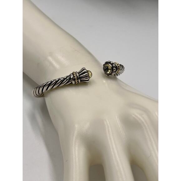 Samuel Benham SB Sterling Silver 14k Gold Citrine Hinged Cable Cuff Bracelet - Picture 4 of 9